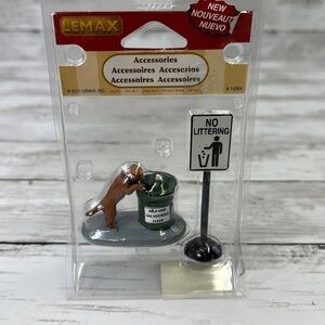 LEMAX DOG CHECKING OUT TRASH CAN & NO LOITERING SIGN CHRISTMAS VILLAGE